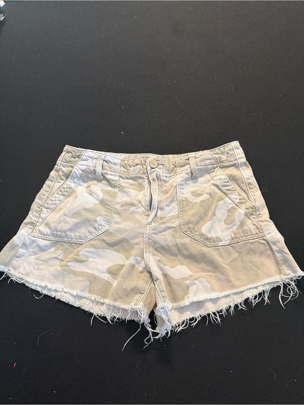 PAIGE Beige Camo Frayed Hem Denim Shorts
